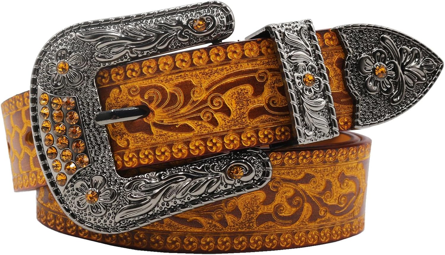 Western Leather Belt For Men Cowboy Floral Pattern Carved Rhinestone Crystal Floral Buckle Genuine Leather Strap(125cm/49, Brown)