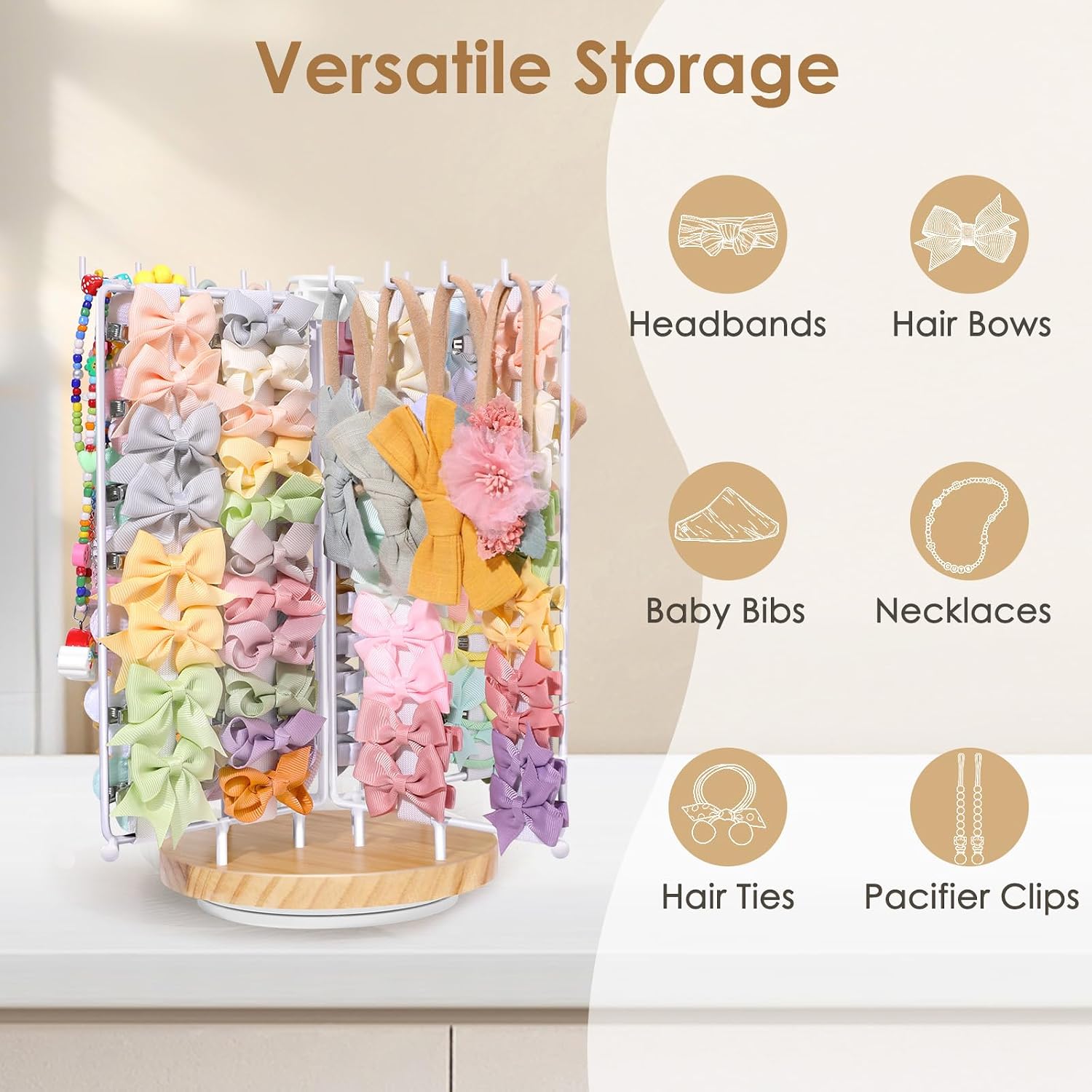 POVETIRE Headband Holder Bow Organizer for Girls,Rotating Hair Bow Storage | Metal Hair Accessories Organizer Baby Headband Holder for Girls,Large Capacity Hair Clips Stand Display for Nursery Decor