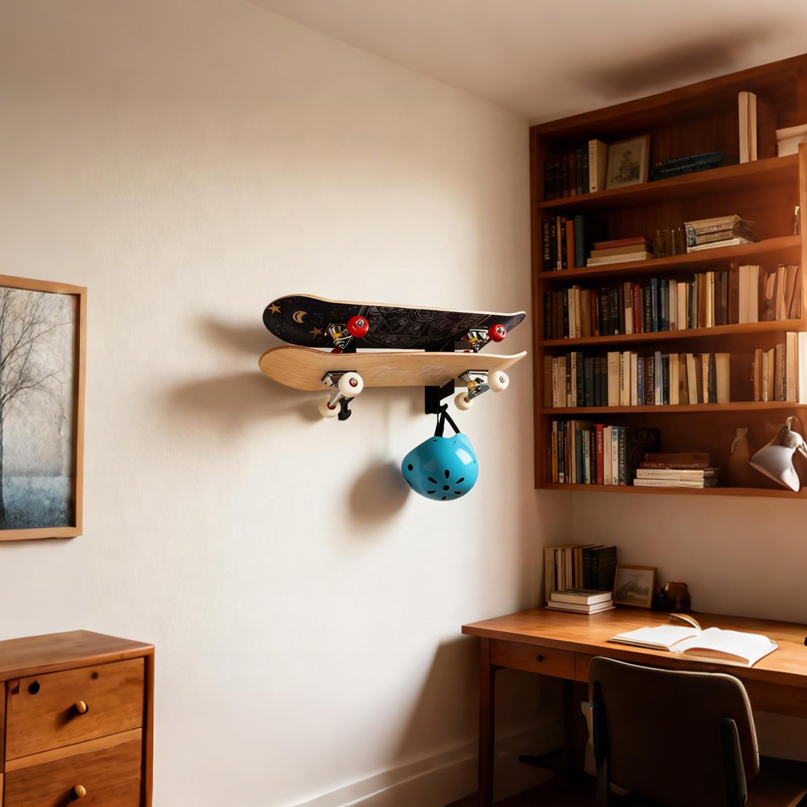 Soporte Pared Skateboard,Estante de Pared para Tablas De Skate con Ganchos de Almacenamiento, Apto para Tablas De Skate, Longboards y Tablas De Snowboard (2 Unidades)