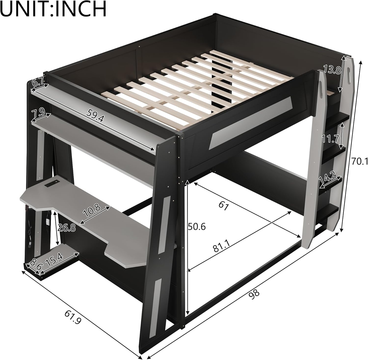 Queen Over Queen Gaming Bunk Bed with Desk & Charging Station & LED Light,Wooden Loft Bed Frame with Storage Shelves,Safety Guardrails and Ladder,Floor Bunk Beds for Kids Teens Adults,Black Grey