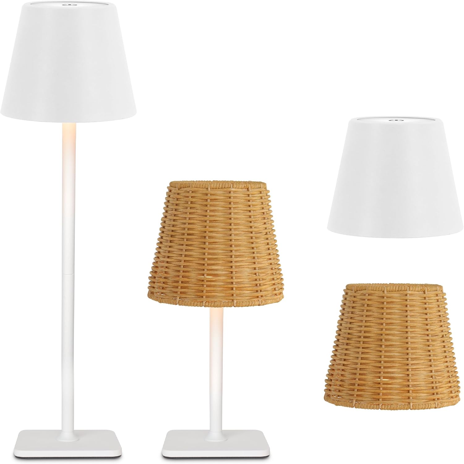 Mr. White Outdoor Waterproof Cordless Set of 2 Rechargeable Portable Top Touch Battery Operated Powered LED Table Lamp with Rattan lampshade for Restaurant Kitchen Patio Dinner Dining (White 2 Pack)