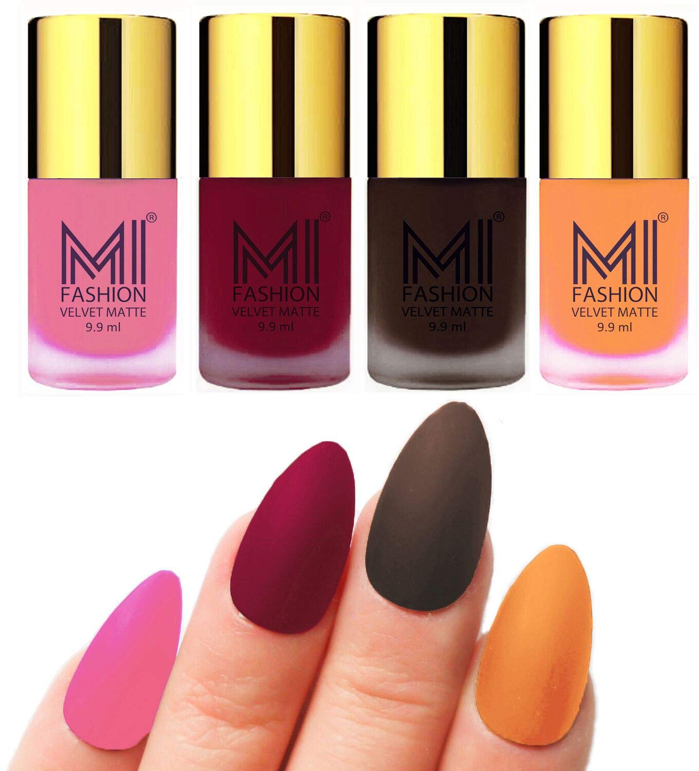 MI FASHION Velvet Matte Pigmented 9.9ml Each Nail Paint Combo Stay-Smooth Nails Baby Pink, Mauve, Dark Brown, Saffron Orange (Pack Of-4)-image-7