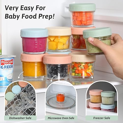 Miniatura 6 de VITEVER Paquete de 8 recipientes de vidrio para almacenamiento de alimentos para bebés, tarros de comida para bebés de 4 onzas con tapas de