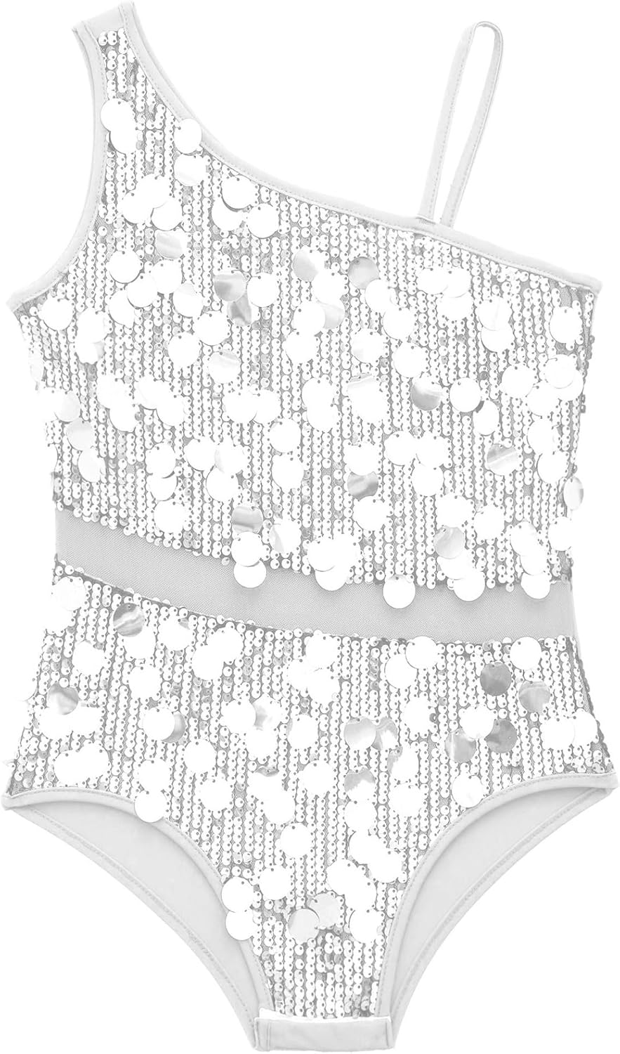 Kids Girls Sequin Ballet Gymnastics Leotard Jazz Dance Bodysuit Shiny Sleeveless One Shoulder Unitard