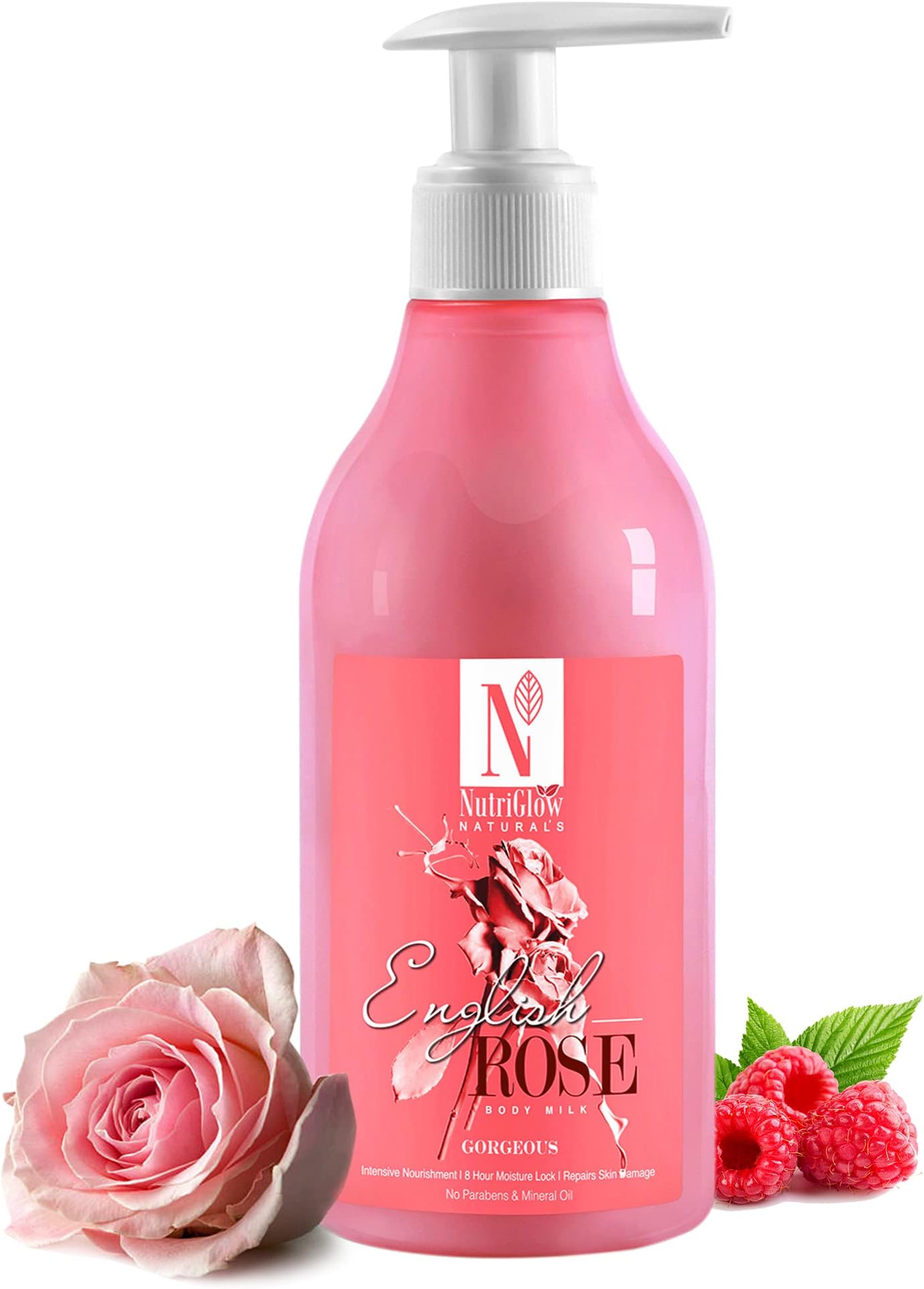 NutriGlow NATURAL'S English Rose Body Milk For Intensive Nourishment, 8 Hour Moisture Lock & Repairs Skin Damage, No Parabens & Mineral Water, 300 ml