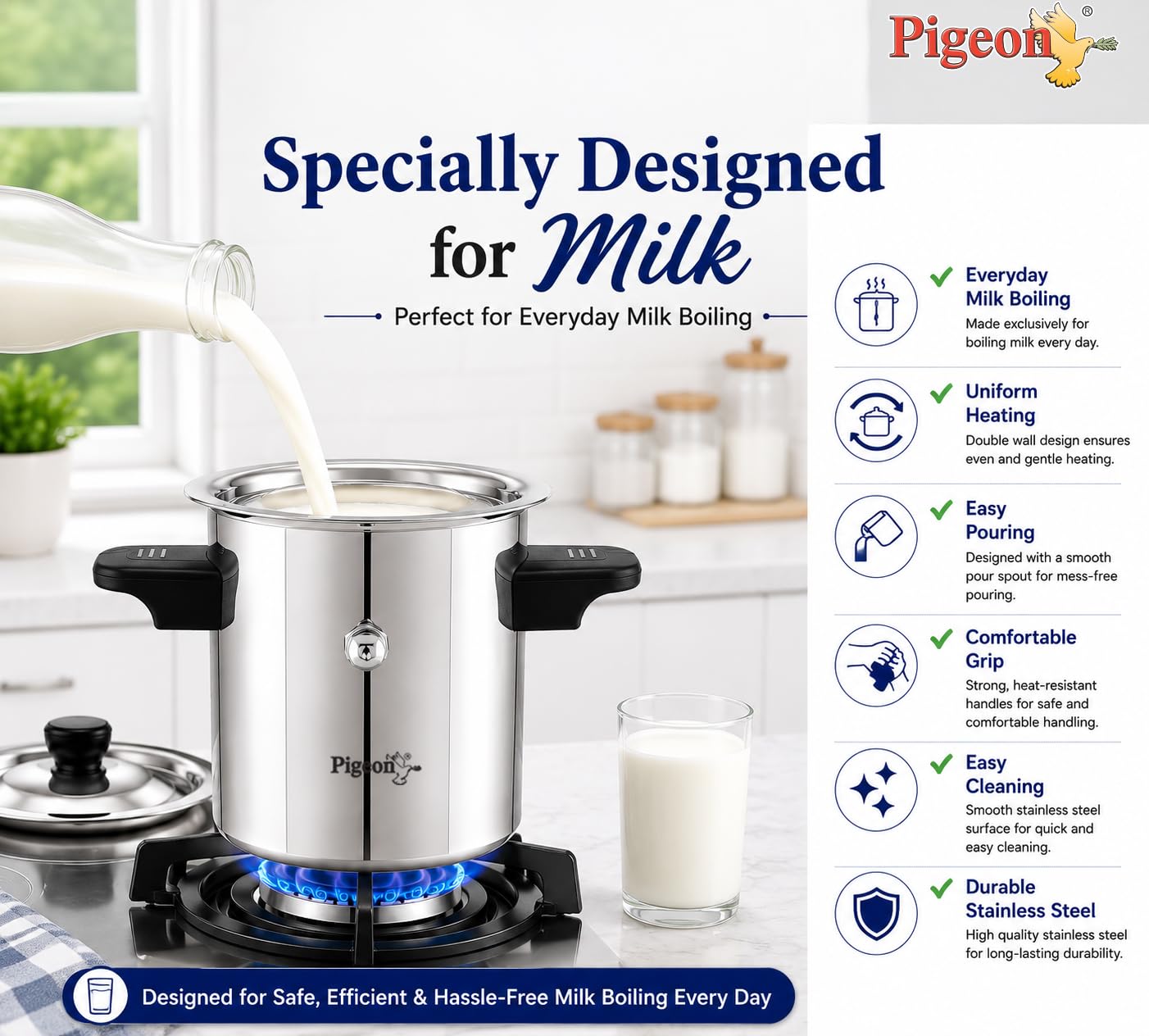 Pigeon-Elegant Stainless Steel Milk Cooker/Boiler/Pot with Handle,Lid,Knob,Whistle | Capacity:2Ltr | Gas and Induction Compatible with Whistle Indication. 3