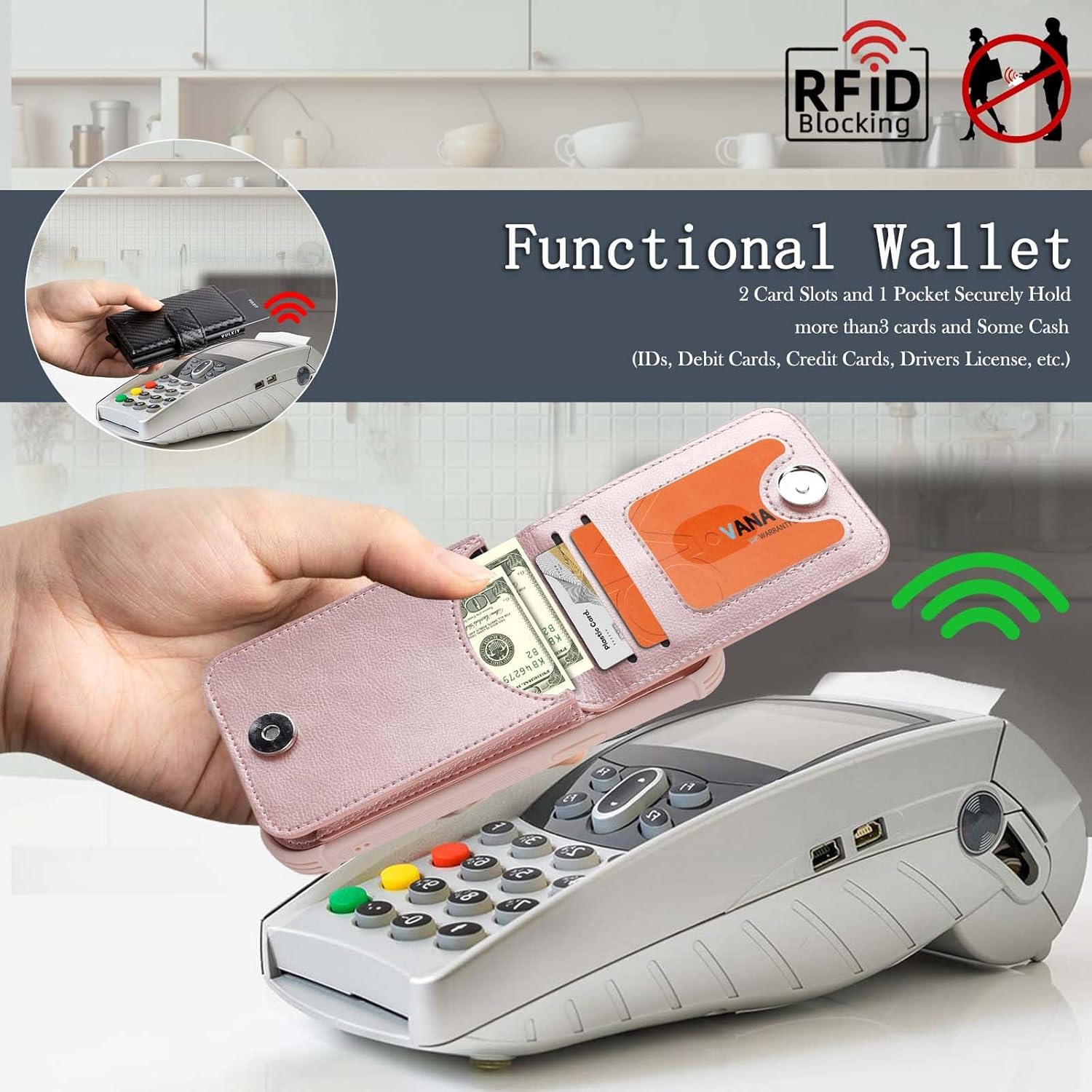 VANAVAGY Compatible for iPhone 17 Pro Max Wallet Case with RFID Blocking Card Holder, [Screen Protector] PU Leather Shockproof Case Magnetic Clasp Ring Kickstand Flip Cover for Women Men,Rosegold - Image 5