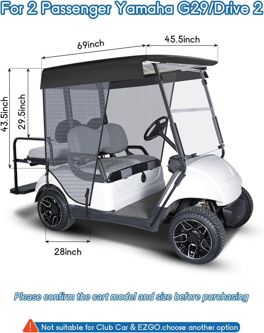 2 Passenger Golf Cart Sun Shade Cover for Yamaha G29 Drive2 69" Short Roof, 3 Sides Roll Up Breathable Mesh Sunshade Screen for Sun Block and Cooling