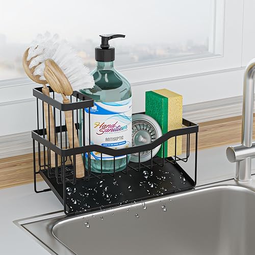 Soporte de esponja multifuncional para fregadero de cocina con estante de cepillo alto, organizador de fregadero con bandeja de autodrenaje,