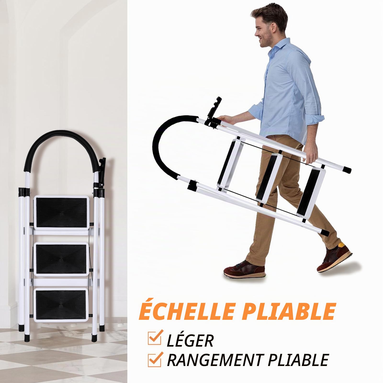Escabeau Pliable 3/4/5 marches Charge maximale de 150kg Verrouillage de sécurité, pédales Larges accoudoirs escabeau escamotable légères pour la Maison, Cuisine, Placard et Bureau (Blanc-3 marches)