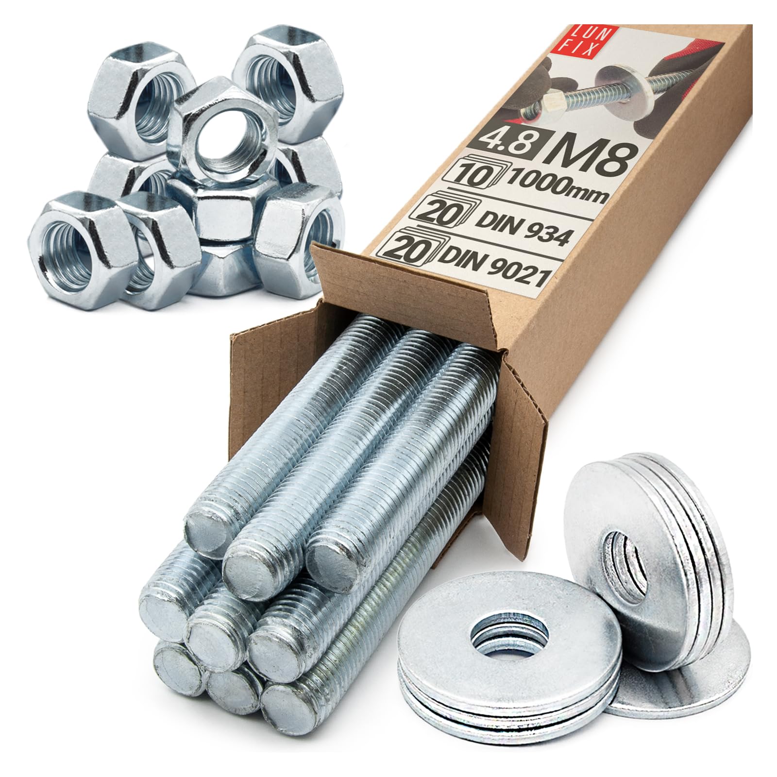 Gewindestangen Set M8 x 1000 mm 10 Stk mit Muttern und Unterlegscheiben Gewindestab DIN 976 Klasse 4.8 verzinkt Sechskantmuttern DIN 934 Karosseriescheiben DIN 9021 Befestigungssatz für Bau Handwerk
