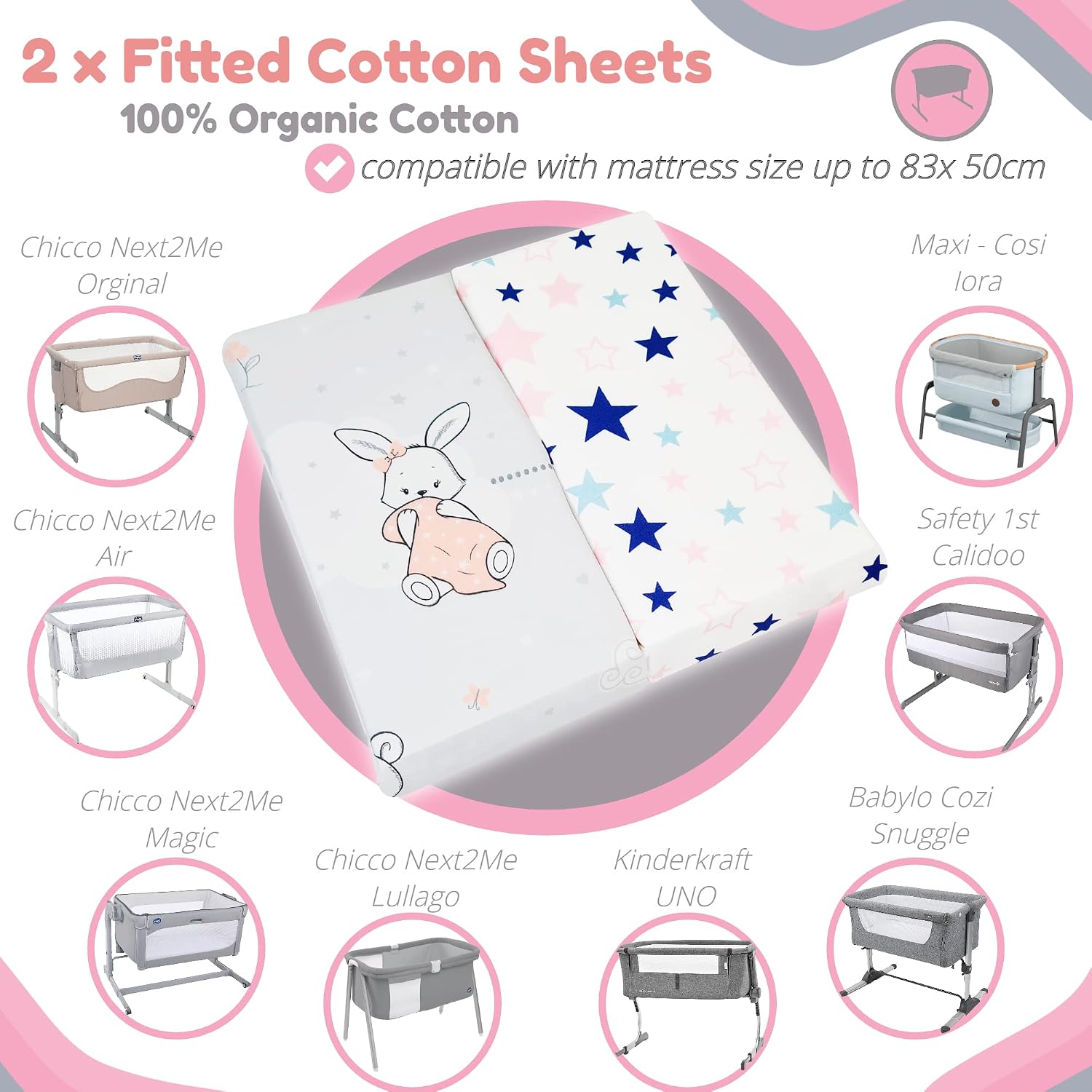 Next to Me Crib Sheets, 2pcs Fitted Baby Sheet Set 100% Organic Cotton Fitted Crib Sheets for Bedside Cribs - Image 3