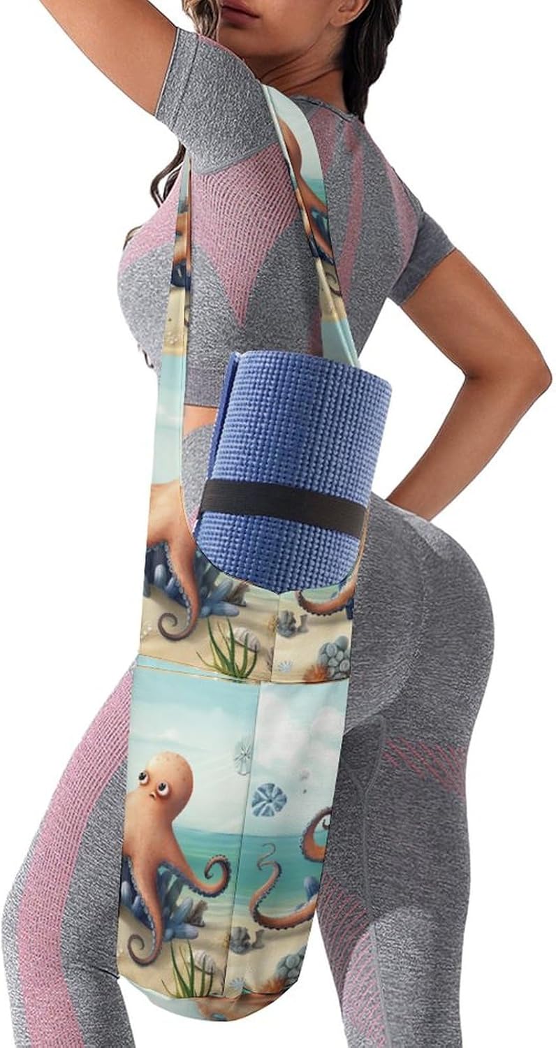 Canvas Yoga Bag,Beach Octopus Starfish Printed Yoga Mat Handbag,Portable Yoga Mat Bag Large Capacity Gym Bag for Men Women Pilates Beach Travel
