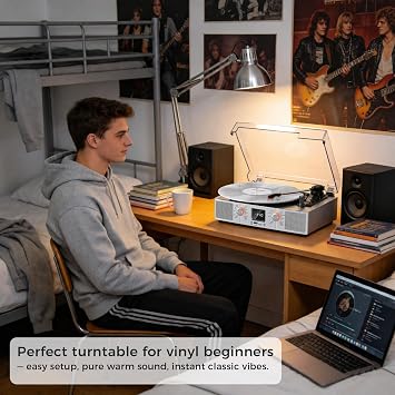 VinylsLink Vinyl Record Player Bluetooth Turntable with Speakers, 3-Speeds LP Player, Auto Stop, USB and TF Playback, USB Recording, FM Radio, LED Display, RCA Output, AUX Input, Headphone Jack