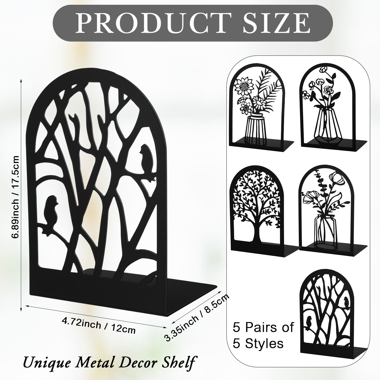 Faccito 5 paia di fermalibri in metallo nero per mensole, decorativi, antiscivolo e supporto per mensole per libri pesanti, forniture scolastiche per casa e ufficio