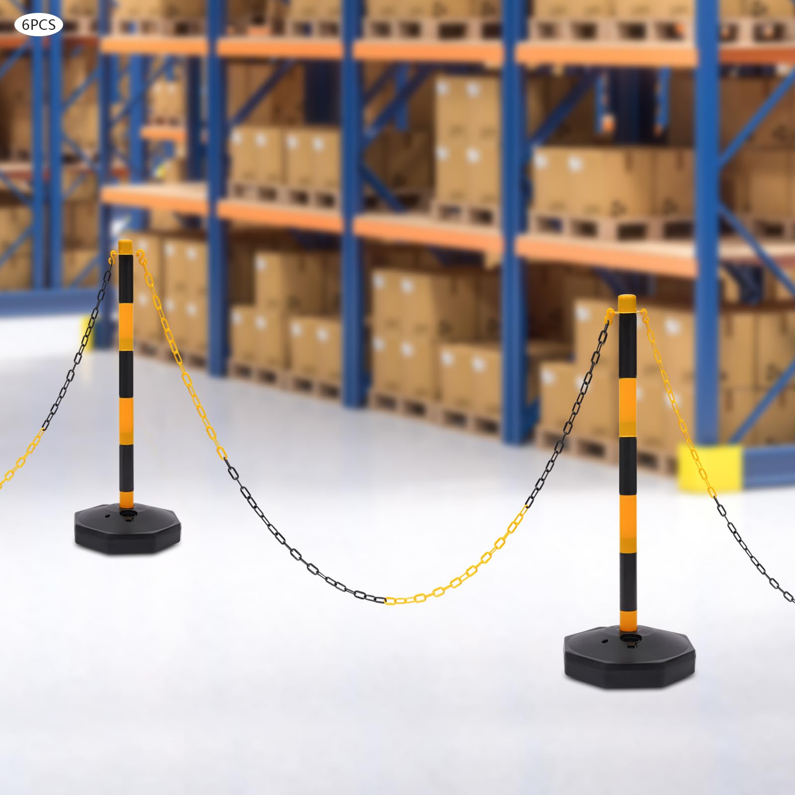 6 postes de barrera con 5 cadenas de plástico de 2 m de color amarillo y negro, cintas de barrera para control de tráfico o advertencia en la entrada, garaje, puerta, etc