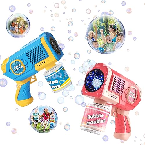 Miniatura 1 de Máquina de 2 pistolas de burbujas para niños pequeños con luz de 8 agujeros con 2 soluciones de recarga para niños, fabricante automático de