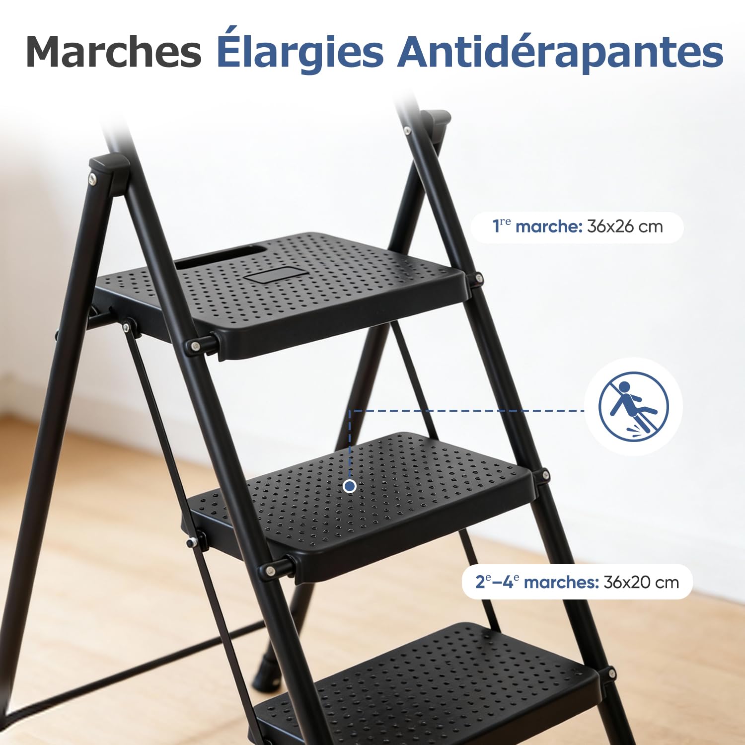 Sekey Marchepied 4 Marches Pliable, Escabeau Escamotable Cadre Acier, Haute Sécurité, Marches Antidérapantes Élargies, Verrou Stabilité, Certifié TÜV SGS en 131-2 14183, 150 kg, Familial, Noir