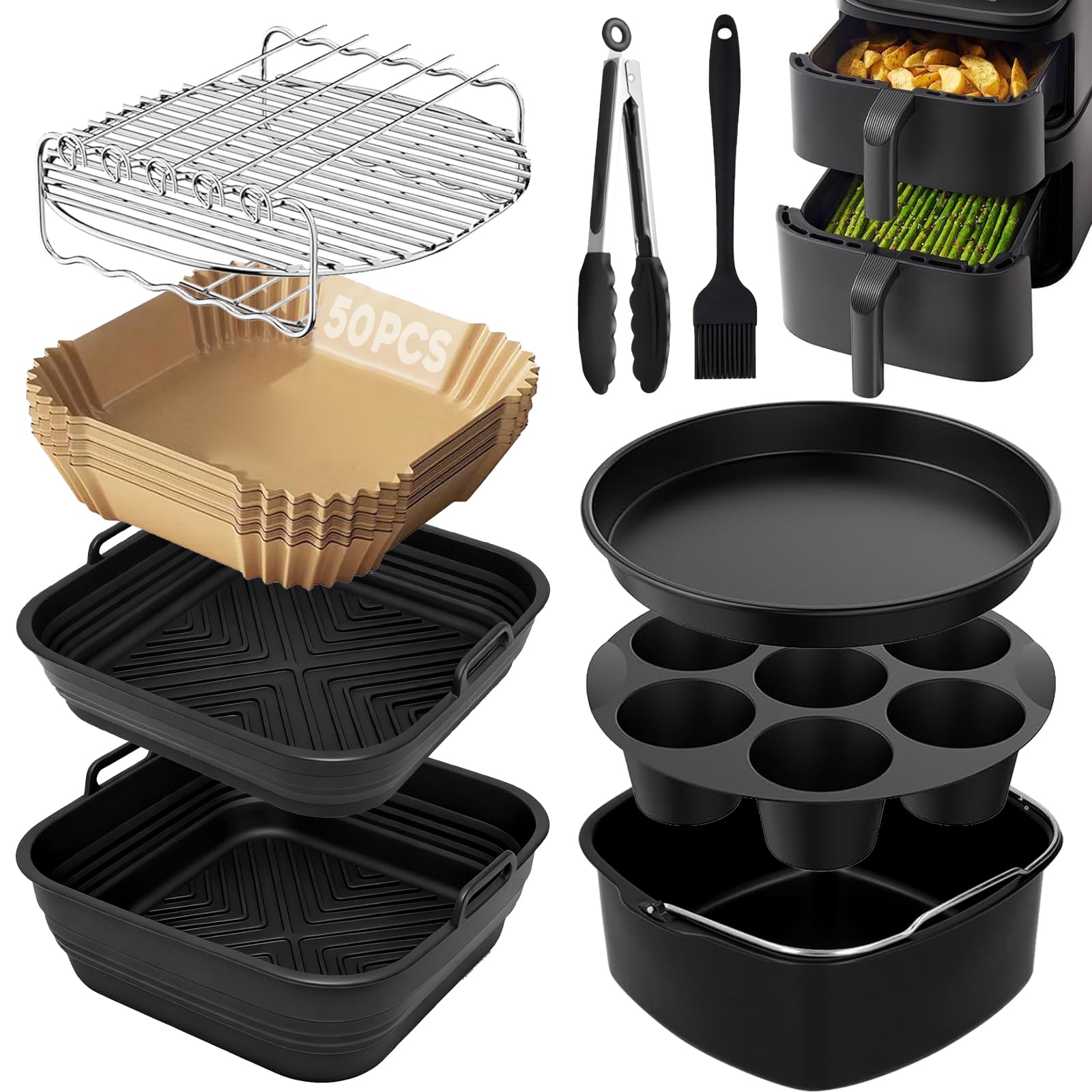 9 Teiliges Airfryer Zubehör für COSORI Turbo Tower Pro 10,8L(6,5L/4,3L) Double Stack Airfryer, COSORI Heißluftfritteuse Zubehör, BPA-frei Airfryer Silikonform Zubehör.