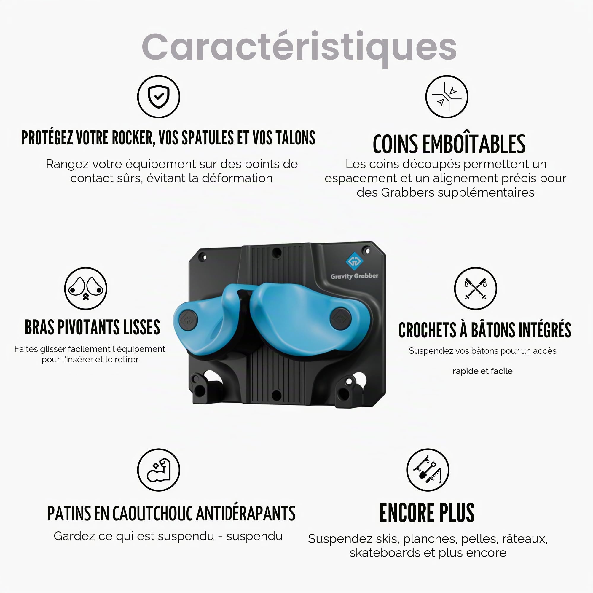 Gravity Grabber Support Mural pour Ski et Snowboard - Pour Tout Type de Ski ou Snowboard - Protège Rocker et Extrémités - Sans Risques - 1x - Cyan