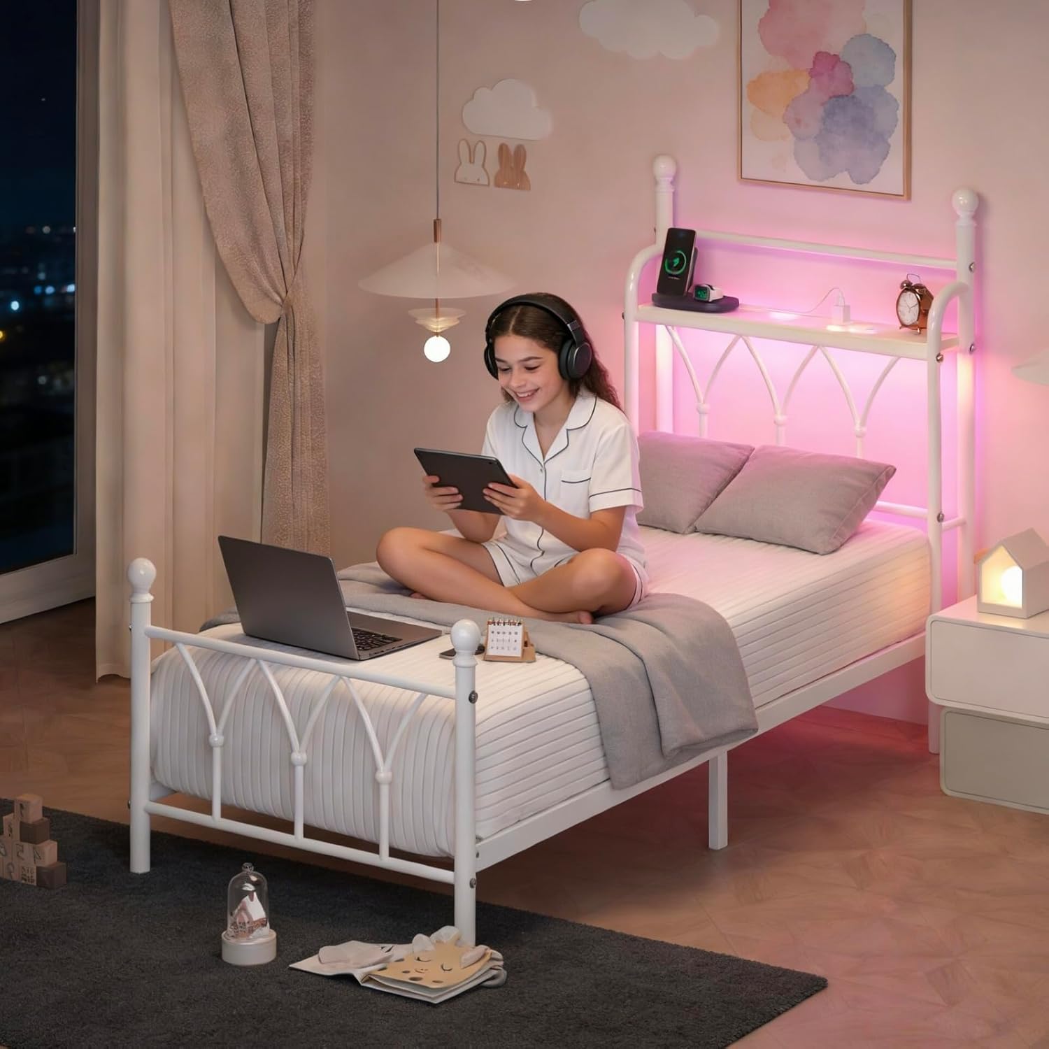 Twin Size Bed Frame with Storage Headboard and LED Light, Classic Metal Platform Bed Frame with Charging Station, Under Bed Storage, No Box Spring Needed, Noise Free, White - Image 4