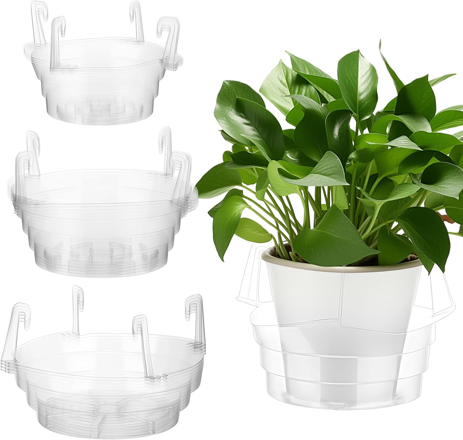 Baderke 12 Pcs Hanging Plant Water Catcher Tray Includes 4 Pcs Clear Plastic Plant Saucer Drip Pans for Indoor Outdoor Hanging Basket Flower Pot(8 10 12 Inch)
