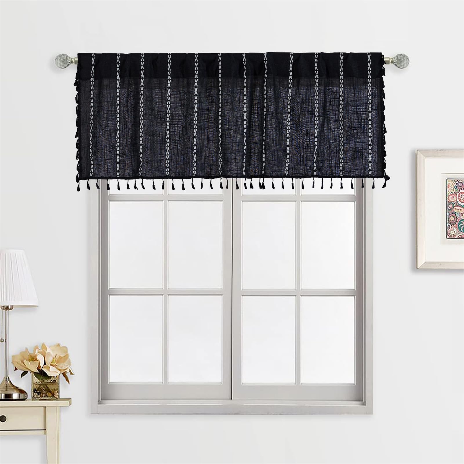 RoomTalks Black Boho Kitchen Valances for Windows, 18’’L x 52’’W Gothic Moody Striped Farmhouse Vintage Country Cottage Textured Tassel Curtain