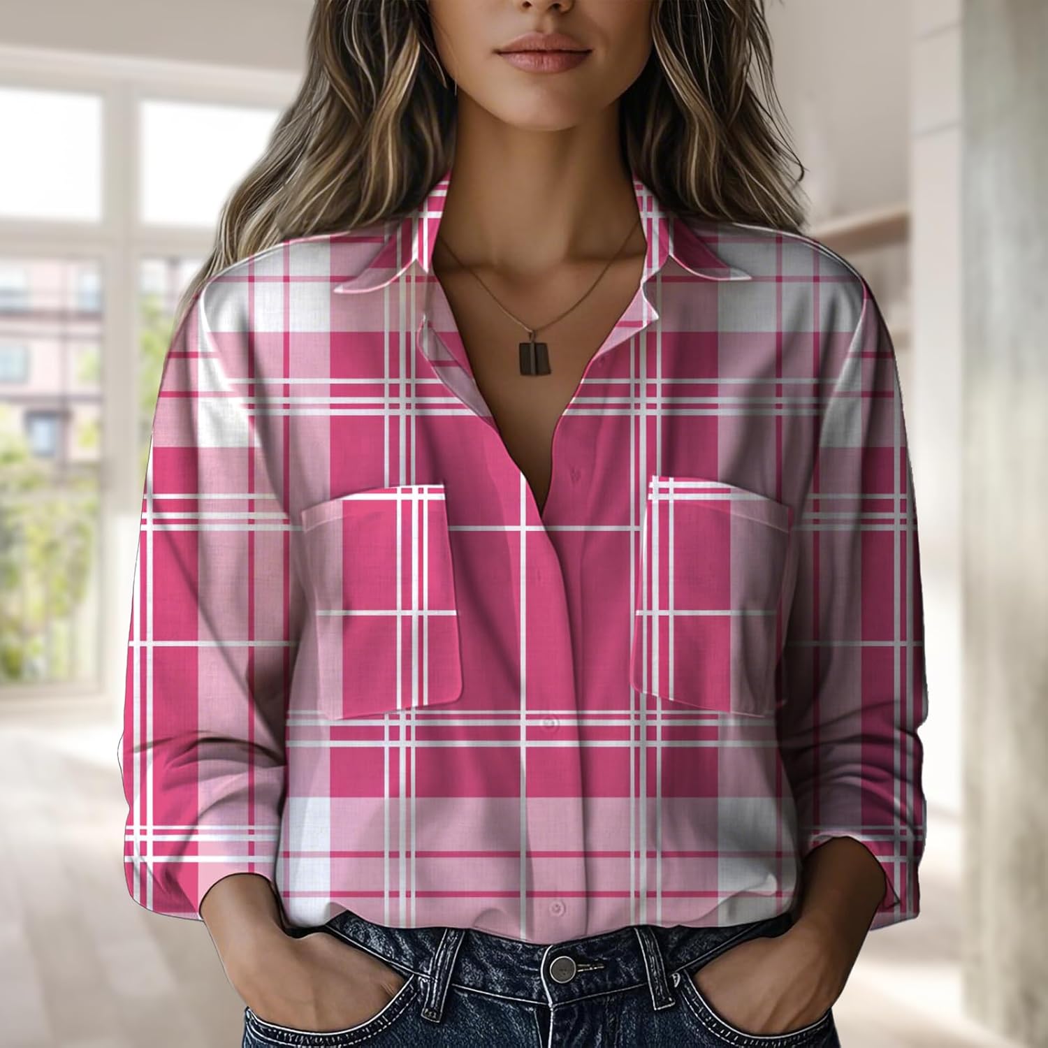 Long Sleeve Shirts for Women Casual Retro V Neck Baggy Dressy Gauze Office Work Beach Top with Pocket - Image 2