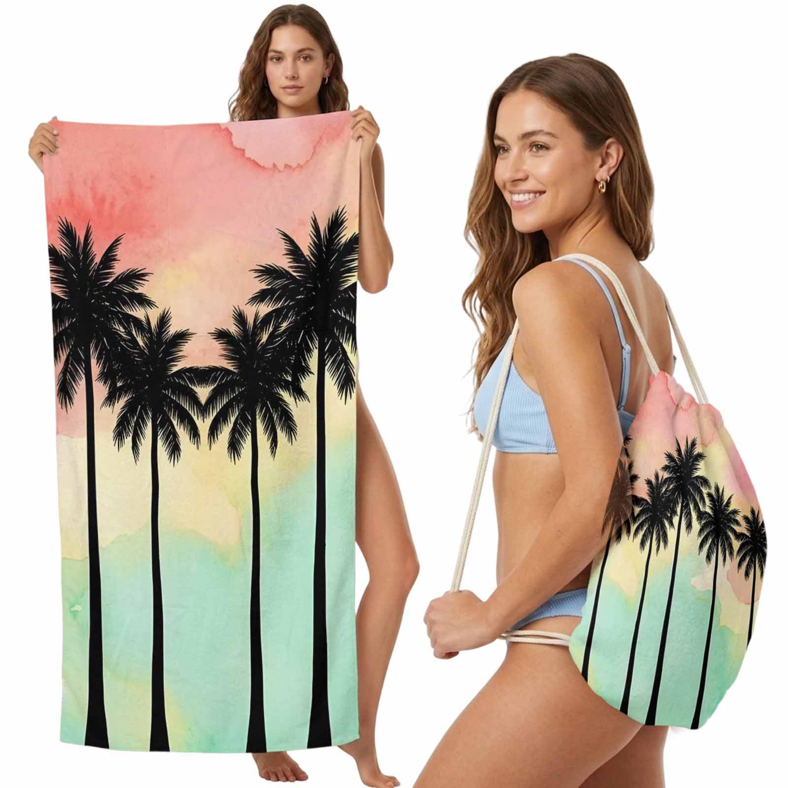 FWJZDSP Beach Towel Backpack, Summer Palm Silhouettes 2-in-1 Foldable Soft Microfiber Quick Dry Beach Towel 31.5x63in Colorful Sunset Sky Lightweight Pool Towels Bag for Travel, Yoga, Gym