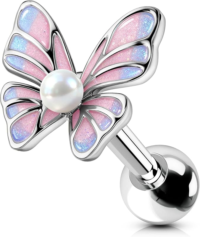 OUFER Piercing para el cuerpo, diseño de mariposa, hélice, 0.56 oz, rosa, rosca interna, para cartílago, 0.236 in, acero inoxidable 316L, cartílago, caracola, tragus, joyería para mujer