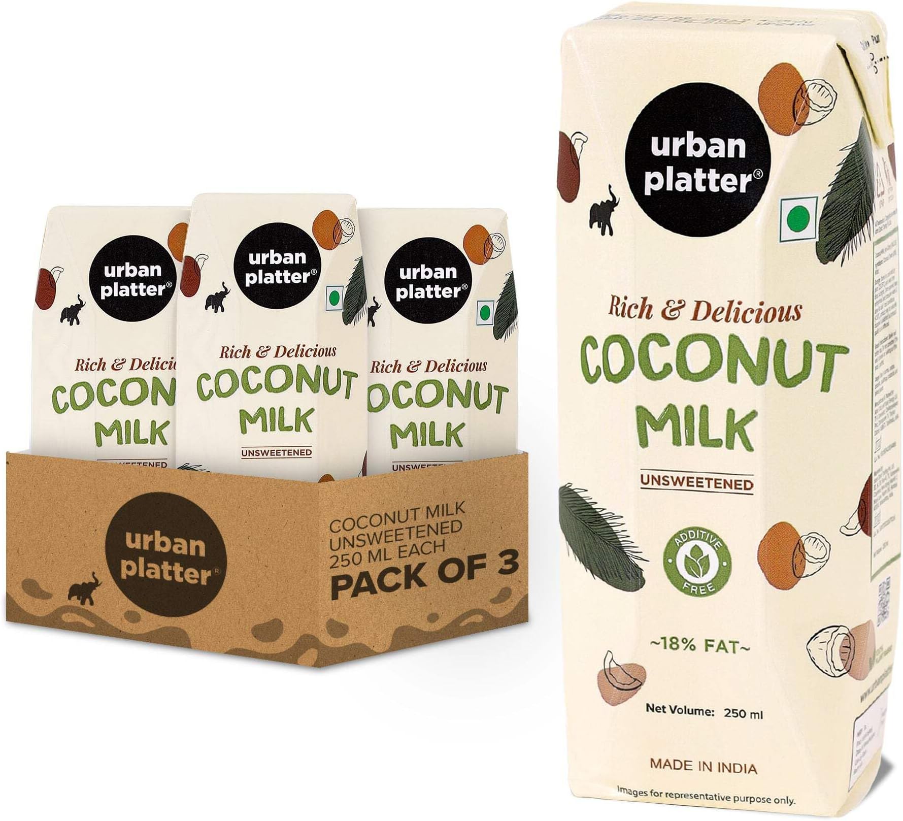 Unsweetened Coconut Milk, 250ml [Pack of 3 | 18% Fat, Additive-Free, Made in India, 100% Pure, Clean Label]