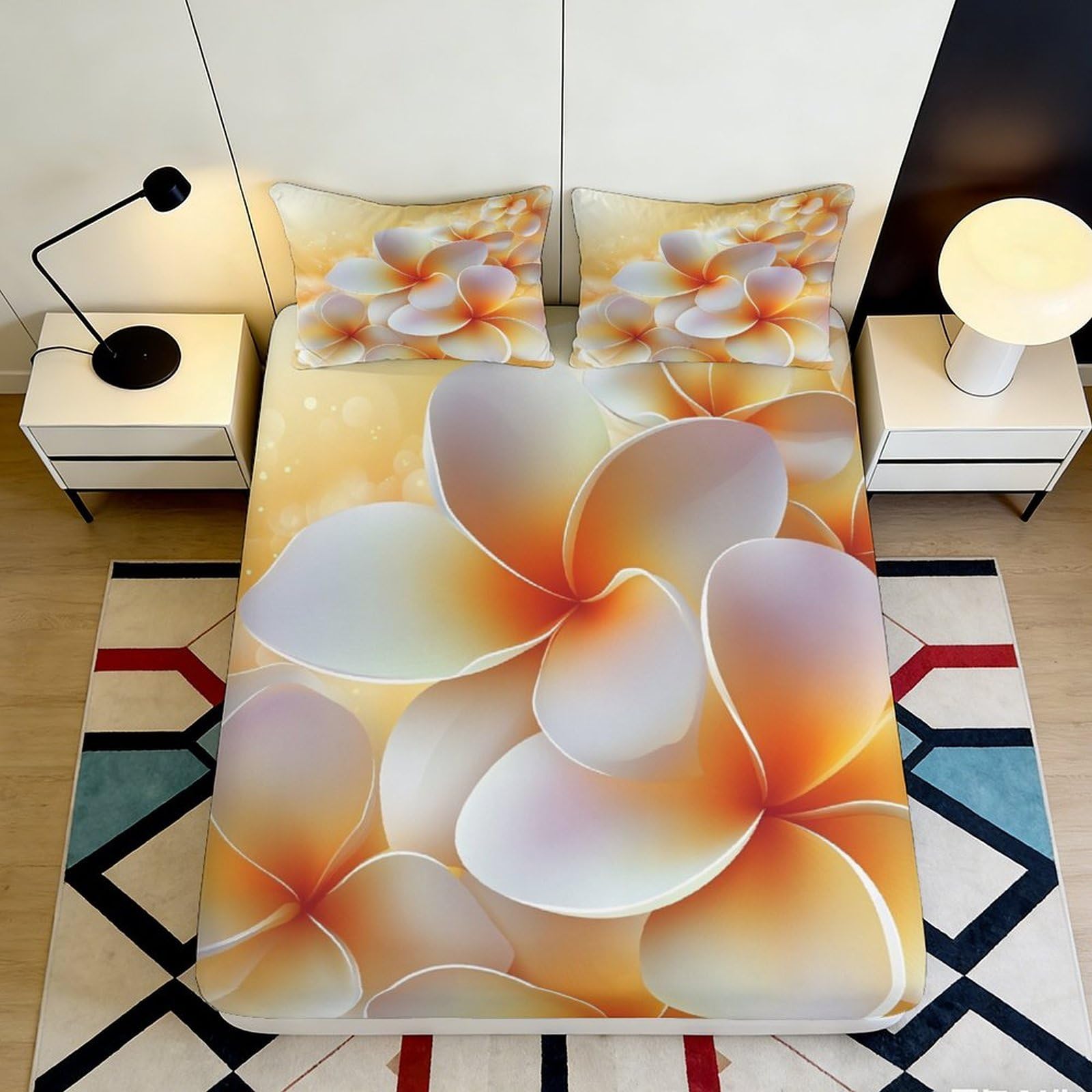 3D Printed Plumeria Blossom Fitted Sheet Microfiber Soft Anti-Slip Mattress Cover Floral Decor Bedroom Home 90x200x25cm