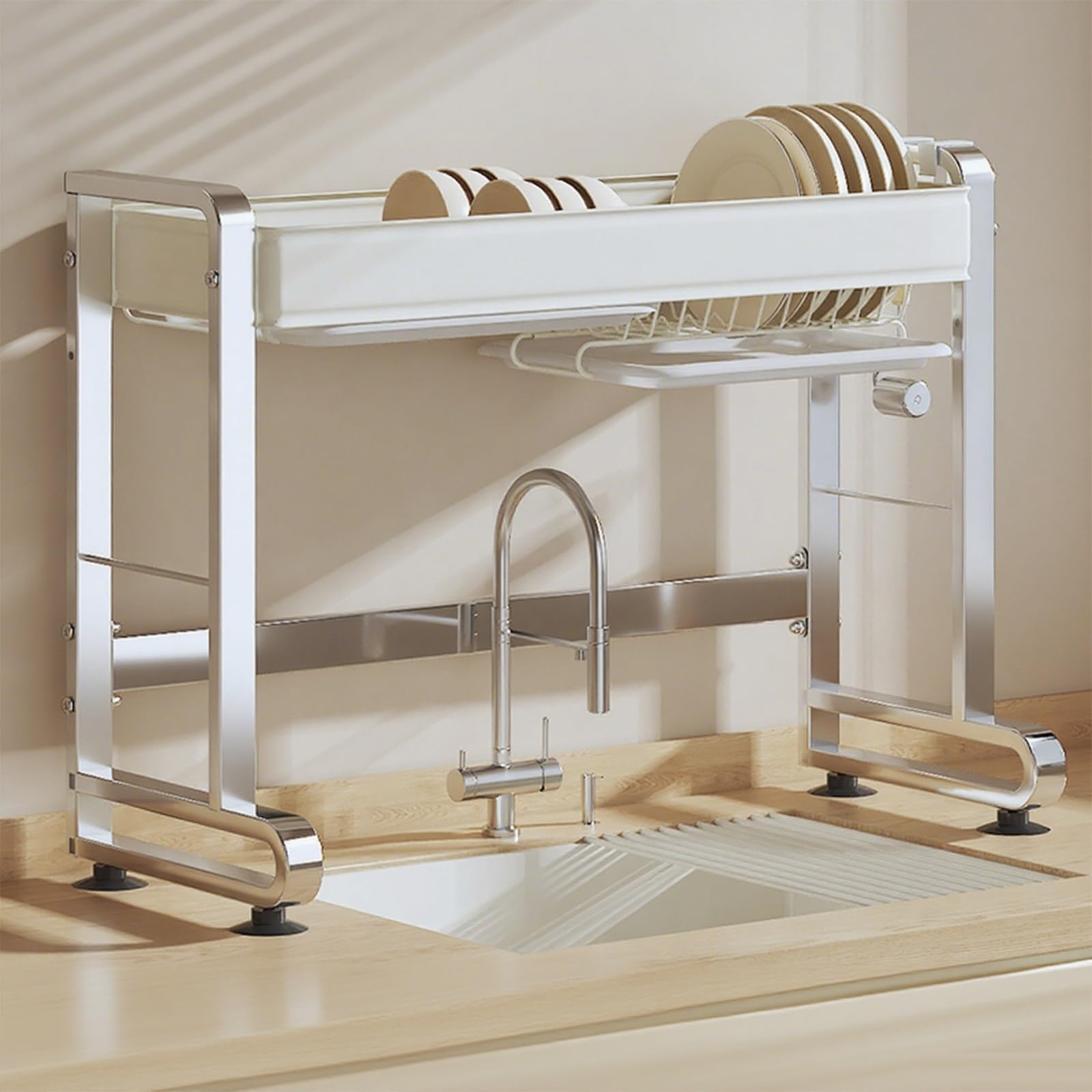 Escurridor De Platos De Doble Nivel Ajustable Para Fregadero De Cocina, Fabricado En Acero Inoxidable 304, Ideal Para Almacenamiento En La Cocina, Estructura Simple De Una Sola Capa - 87 Cm/34 Pulgad