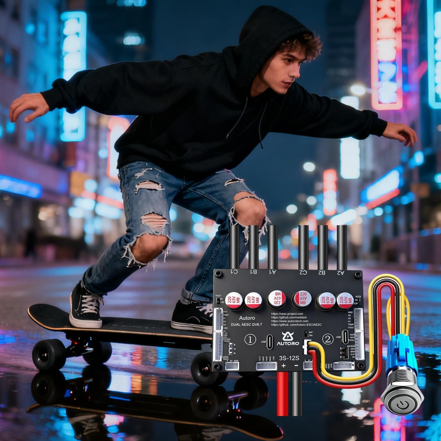 Autoro AESC DV6.7 Dual ESC Sparkless BLDC Motor Controller 12S 100A Based on VESC 6 FOC Speed Controller for DIY Electric Skateboard Scooter Ebike Longboard Robotics, Bluetooth Compatible