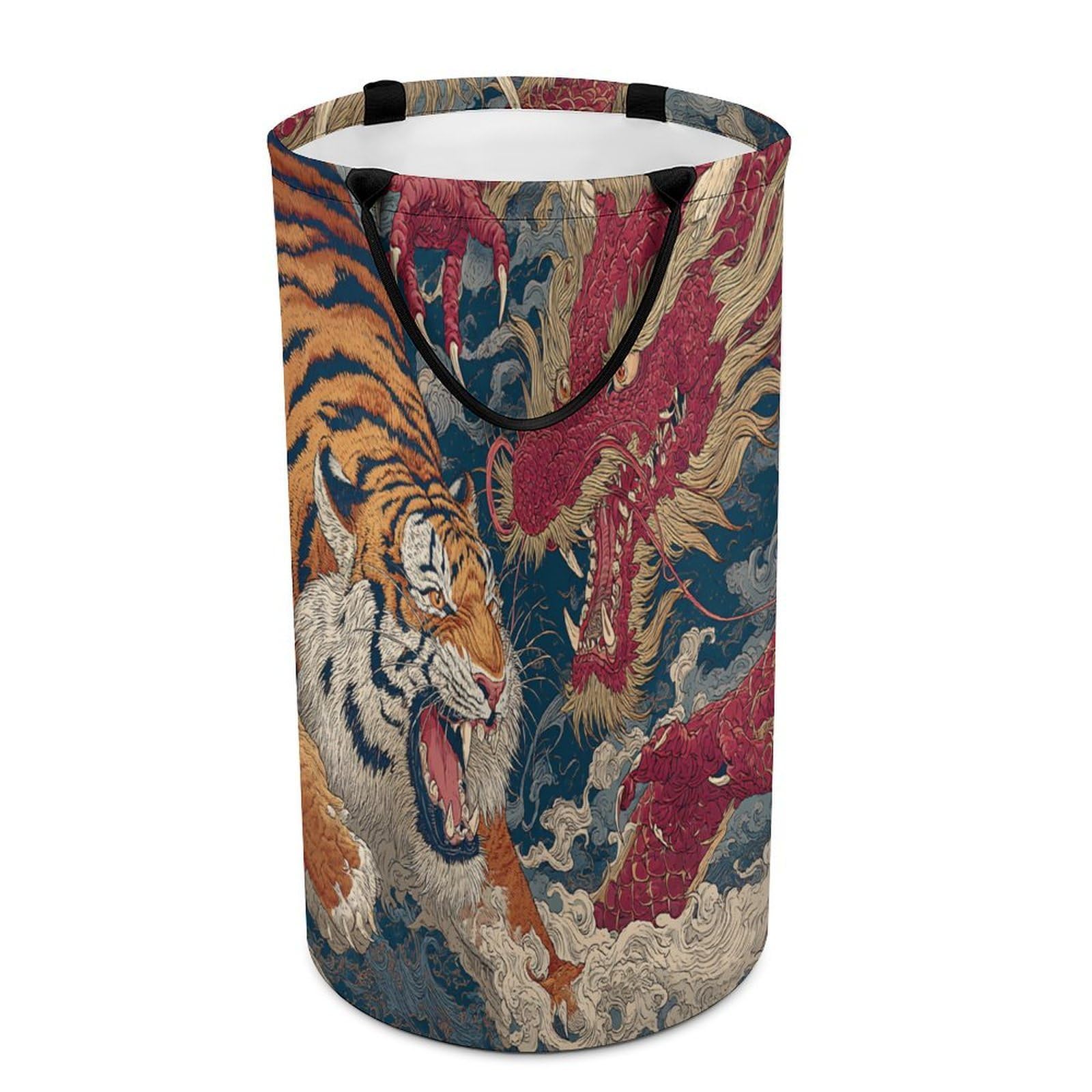 LUYYSKY Fantasy Cool Tiger Dragon Collapsible Dirty Clothes Basket, Asian Oil Painting Japanese Mythical Animal Tiger Dragon Ocean Waves Portable Clothes Storage Laundry Basket-40 CM Dia, 69 CM High