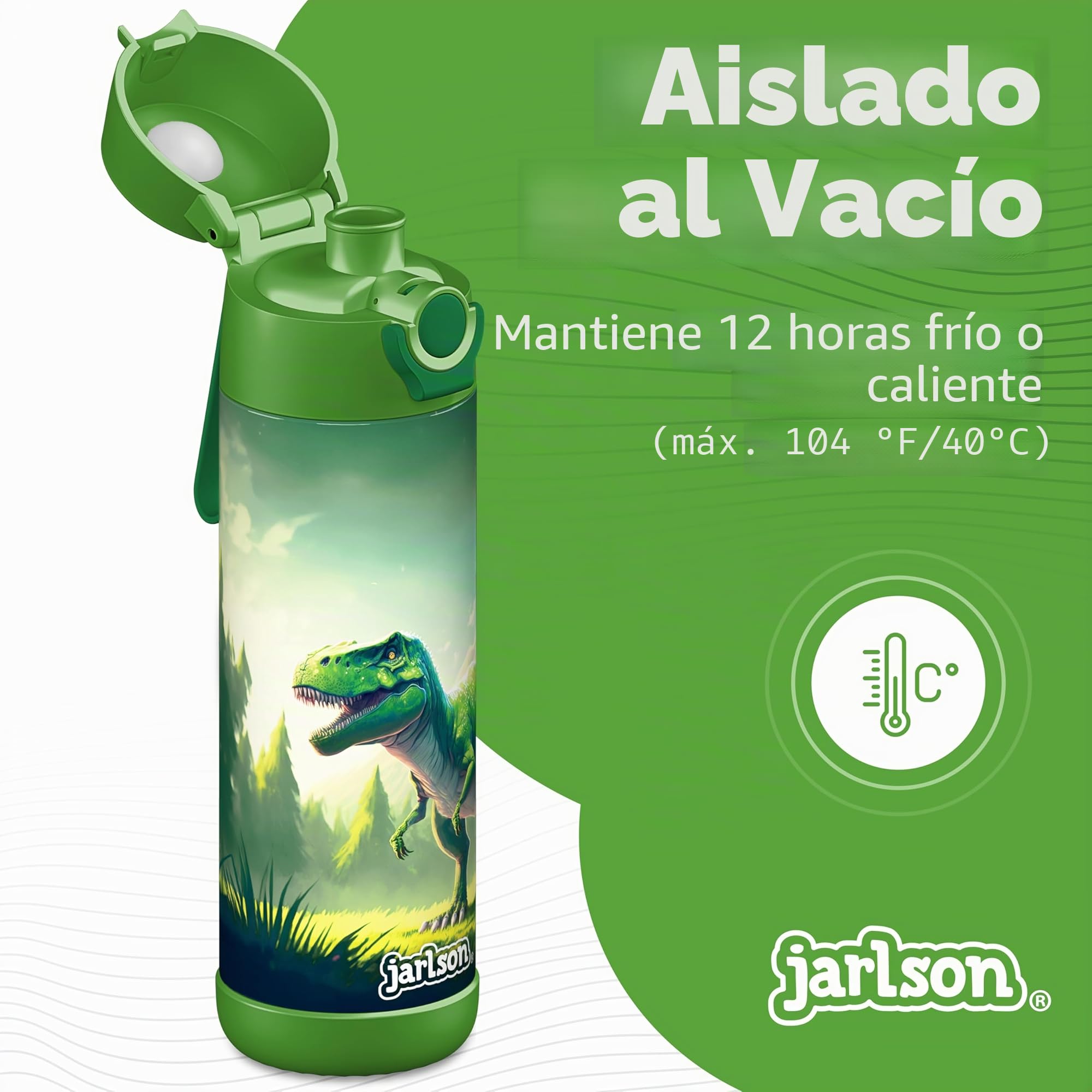 Jarlson® Botella Agua Niños & Niñas MALI [ACERO INOXIDABLE] - Garrafa Térmica Infantil Sin BPA - Water Bottle - Botellas Inox a Prueba de Fugas - Para Escuela & Deportes (500ml Dinosaurio)