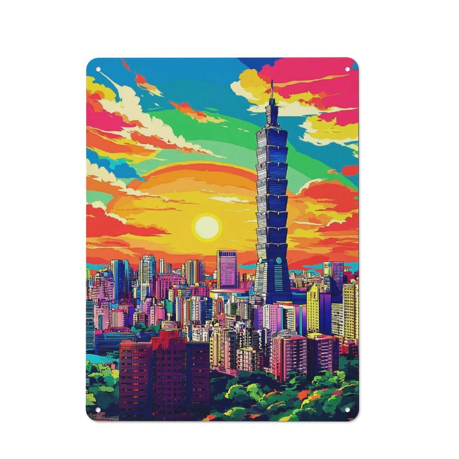 Junmoney Vibrant Cityscape With Rainbow Sky -1 Retro Tin Sign 40X30cm For Workshop Wall, For Home Interiors And Metal Sign Collectors
