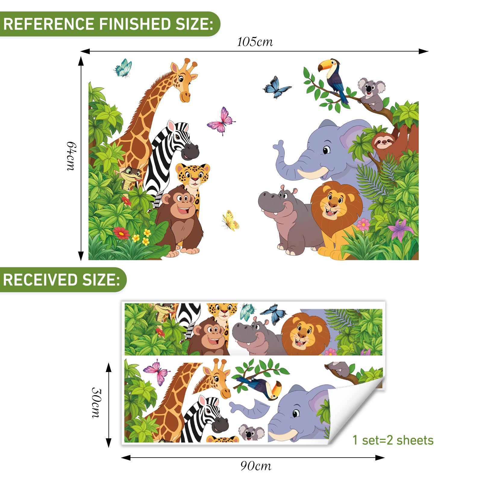 Adesivi Murali Animali della Giungla Decorativi per Cameretta Bambini Porte Armadio