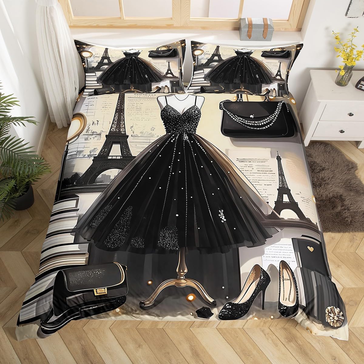 Fashion Dress Bedding Sets Full Size Fashion Girly Black Dress Duvet Cover Eiffel Tower Paris Style Comforter Cover Romantic Makeup Themed Bedspread Cover Women Perfume Print Bedding