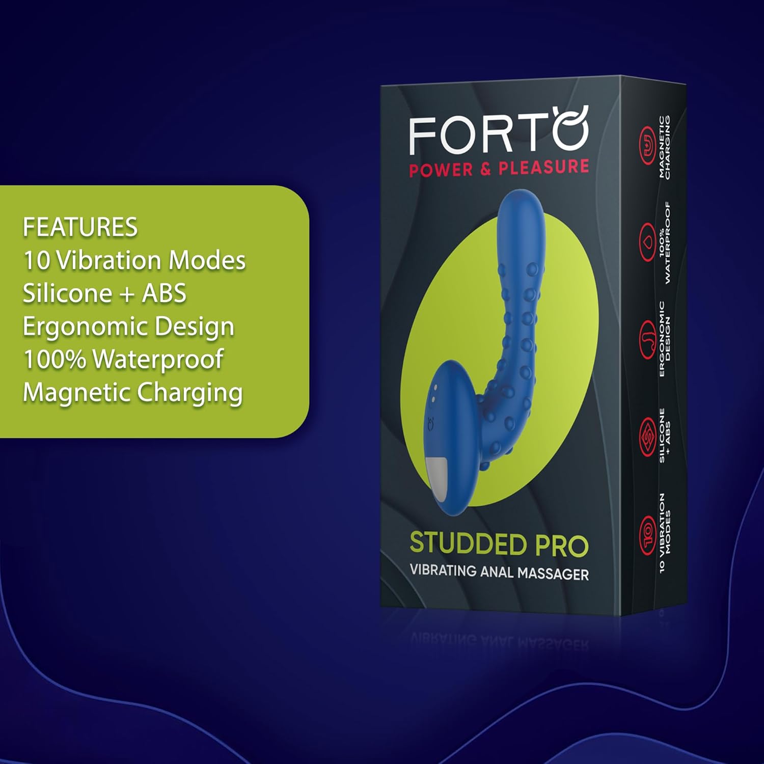 Forto Studded Pro Male Anal Vibrator & Prostate Massager - P Spot Vibrator with 10 Vibration Modes & Magnetic USB Charging - 100% Waterproof Male Sex Toys (Blue)