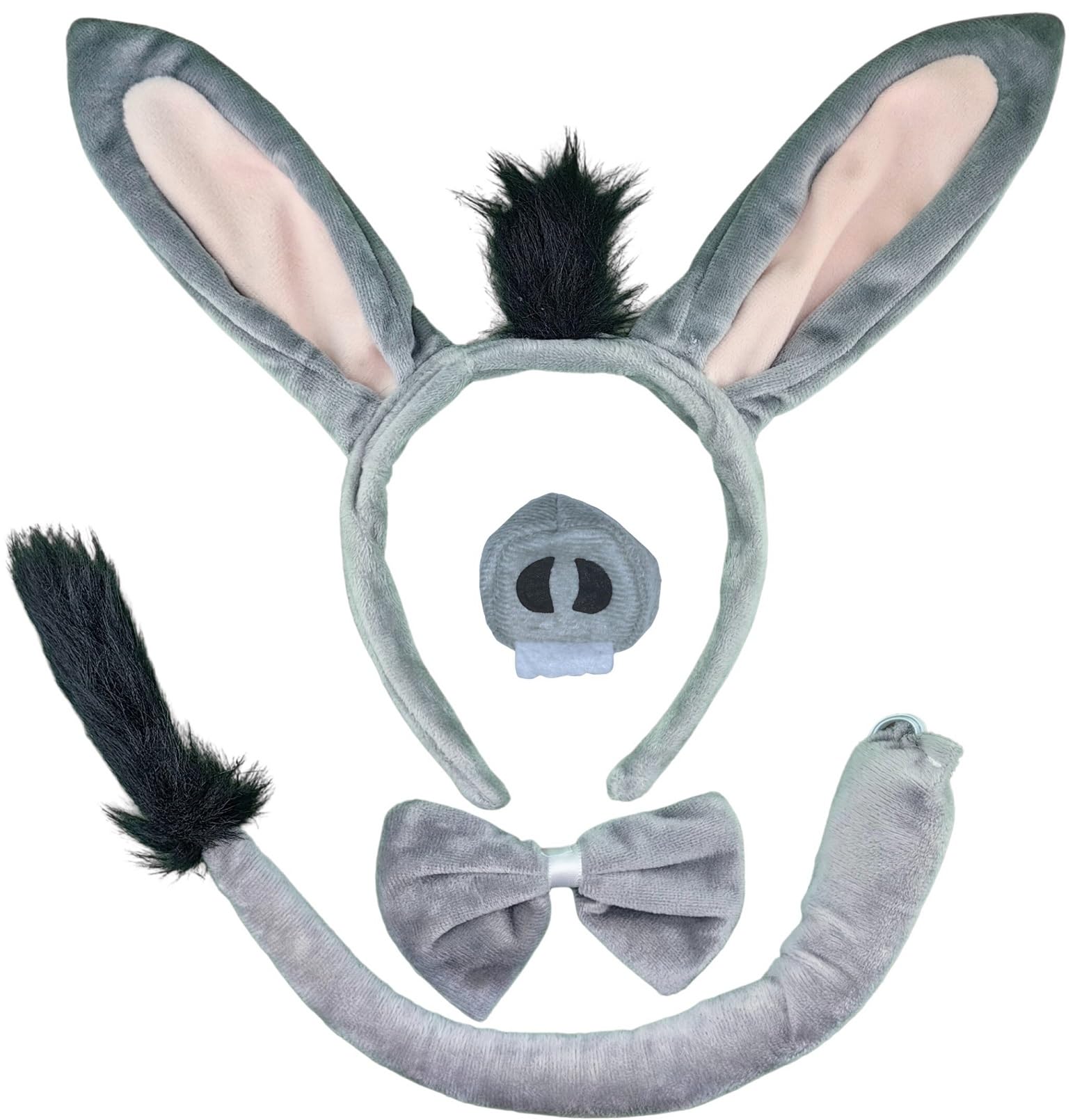 DaliDaliDonkey Ears and Tail Adult with Nose and BowTie, Donkey Headband with Tail, Donkey Costume Adult for Halloween Festival Party Cosplay