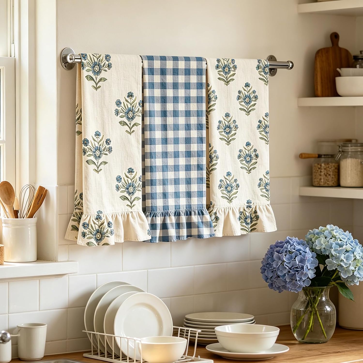 JarThenaAMCS 3Pcs Vintage Floral Kitchen Towels Blue Ruffled Gingham Flower Dish Towel 18'' x 28'' Absorbent Hand Drying Towels for Farmhouse Kitchen Bathroom