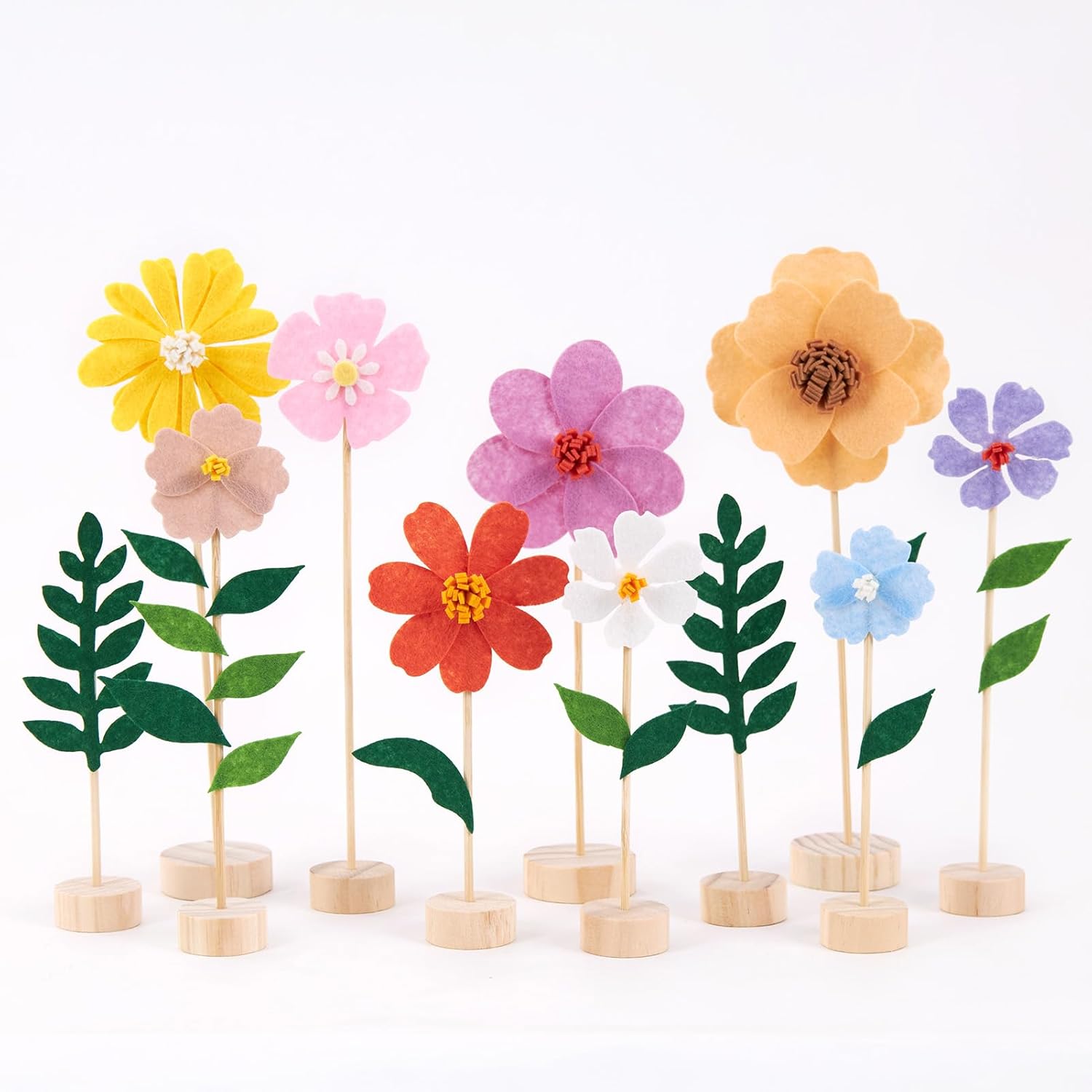 11 PCS Wildflower Party Decorations with Wooden Base, Felt Flower Centerpieces for Tables, Spring Wildflowers Theme for Wedding Baby Shower, Indoor Table Decor