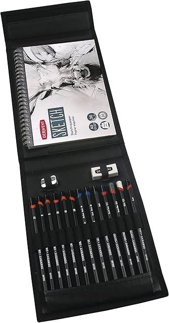 Derwent 2300218 Sketching Wallet with Mixed Media Sketching Pencils, Accessories and A5 Landscape Sketchpad, Grey
