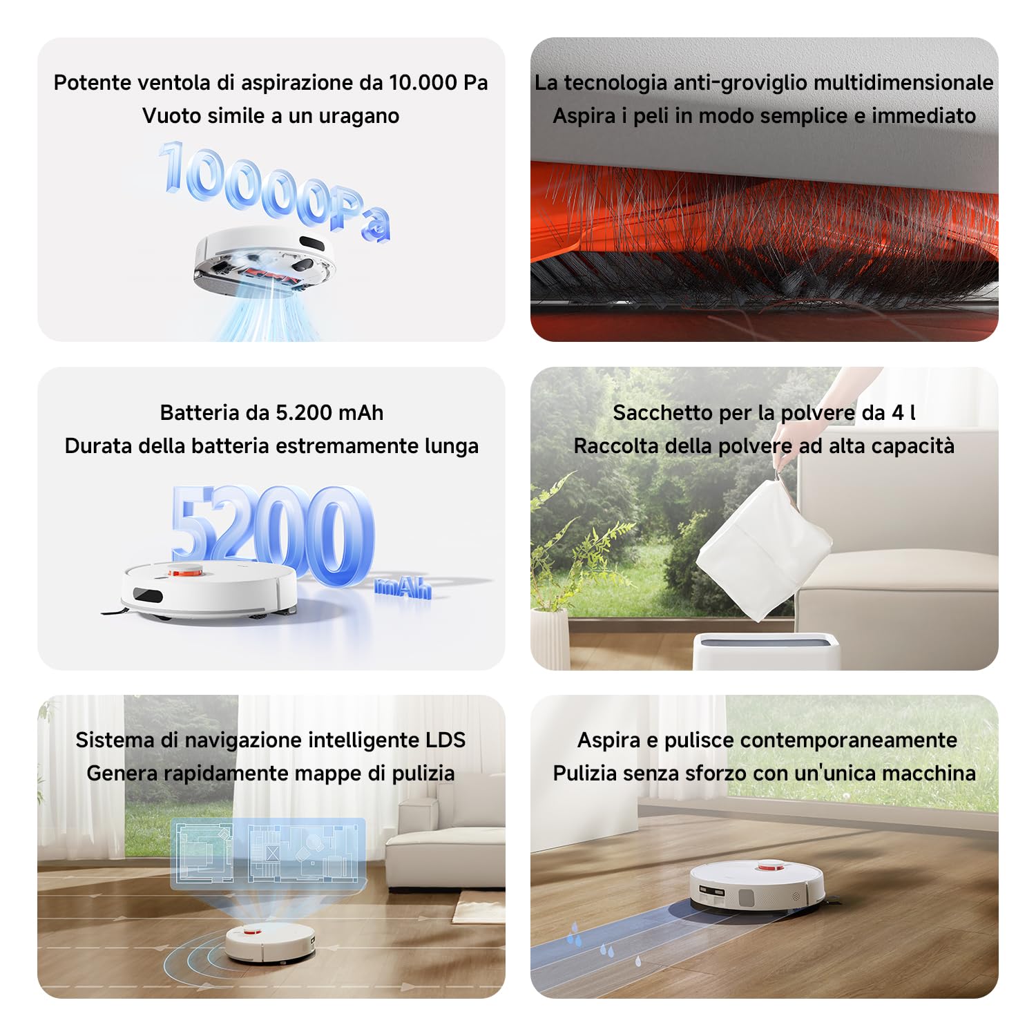 XIAOMI Robot Vacuum H40, Aspirapolvere e Lavapavimenti all-in-one, Potenza di Aspirazione 10.000Pa, Mappatura ad alta precisione con LDS, Ideale per Tappeti a Pelo Corto e Pavimenti Duri