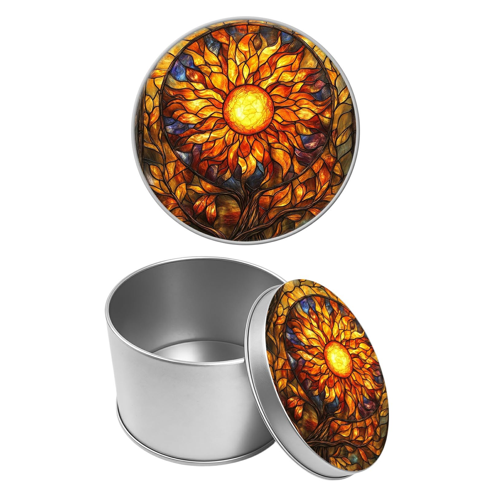 Round Metal Tin Container with Removable Lid, Glass Sun Flower Durable Metal Storage Box for Cookies Spices Tea Candies Cakes Jewelry Cosmetics 3.54 x 2.36 inch– Single Pack