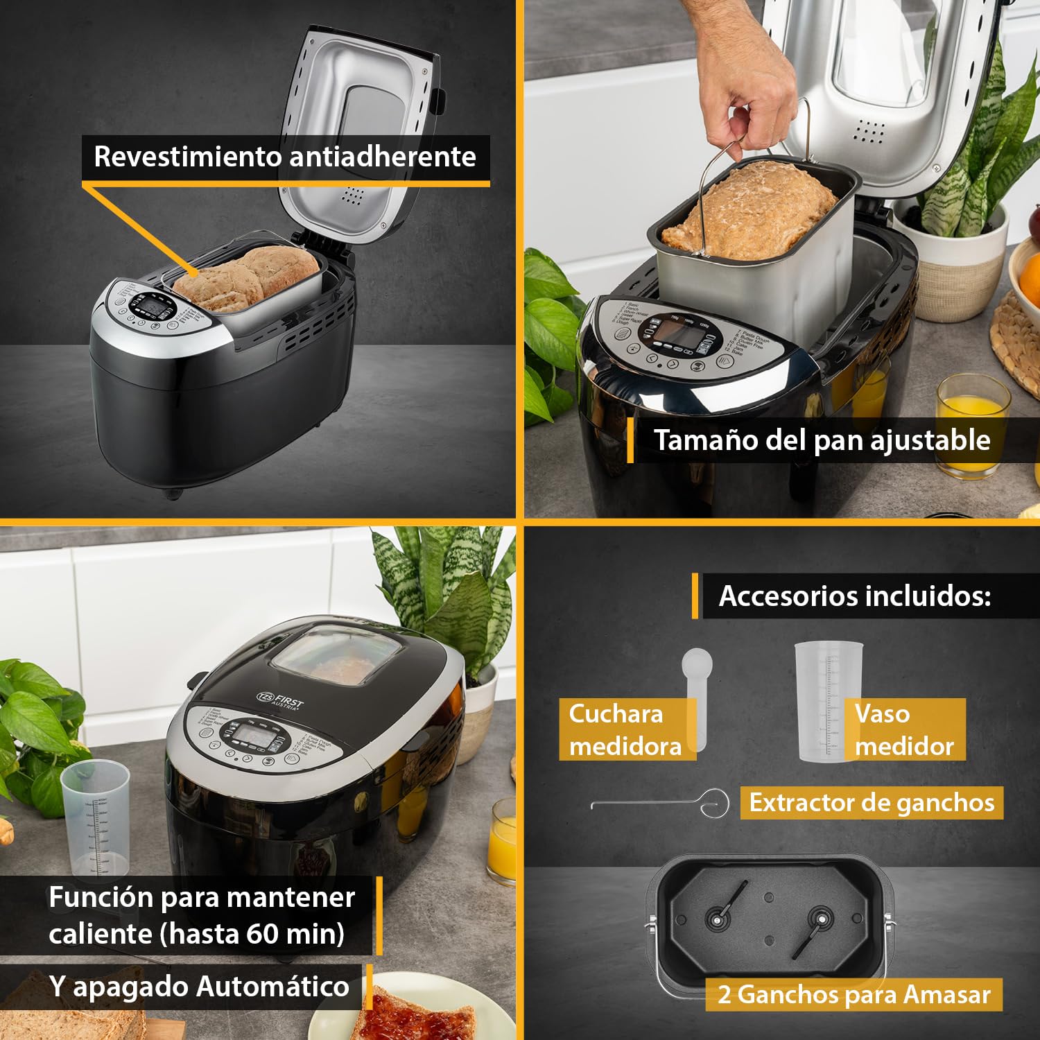 TZS First Austria - Máquina para hacer pan con 12 programas automáticos 850W - Panificadora eléctrica de 700-1250g - Con ventanilla, temporizador, accesorios y función mantenimiento caliente - Negro
