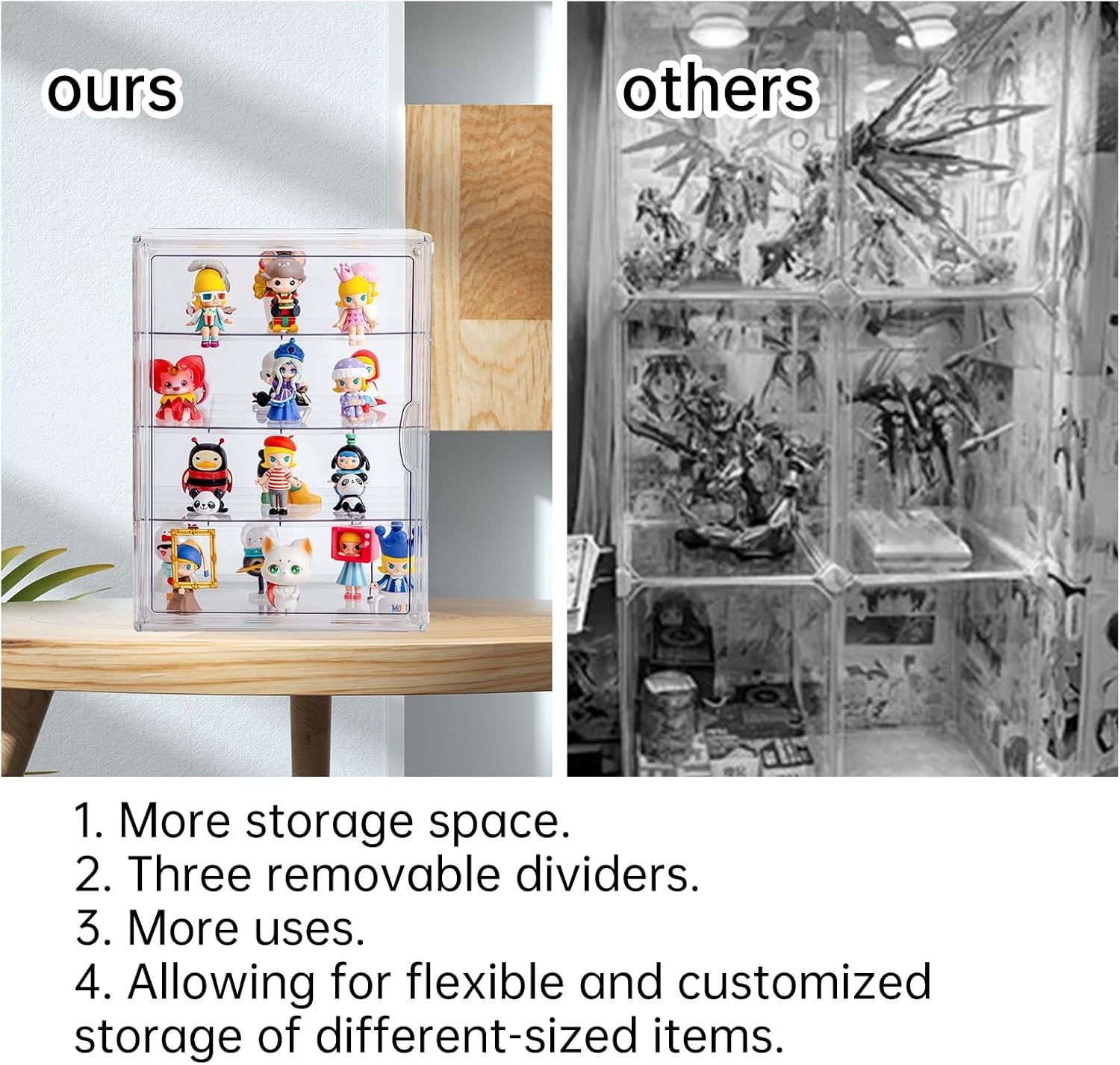 3X-Large 4 Tiers 17.7"X13"X13" Acrylic Display Case with 3 Division Boards, Clear Organizer Box Plastic Holder with Magnetic Door for Handbags, Purses, Boots, Figures, Book