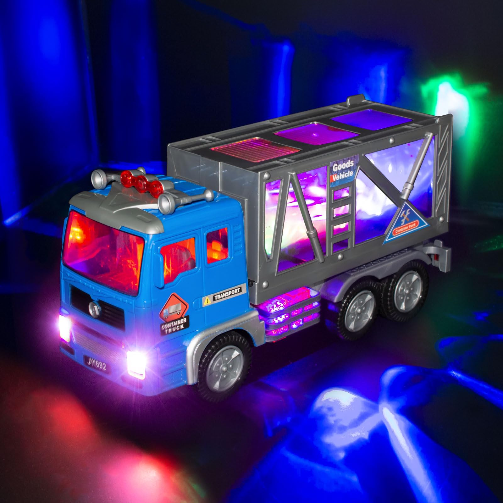 Toy Fire Trucks- Garbage Truck- Construction Excavator Toys- Container Truck Toy Cars for Toddlers Boys 1-3 4-7 Birthday Gifts, Car Toys with 4D Lights & Sounds- Automatic Bump Go Container Trucks