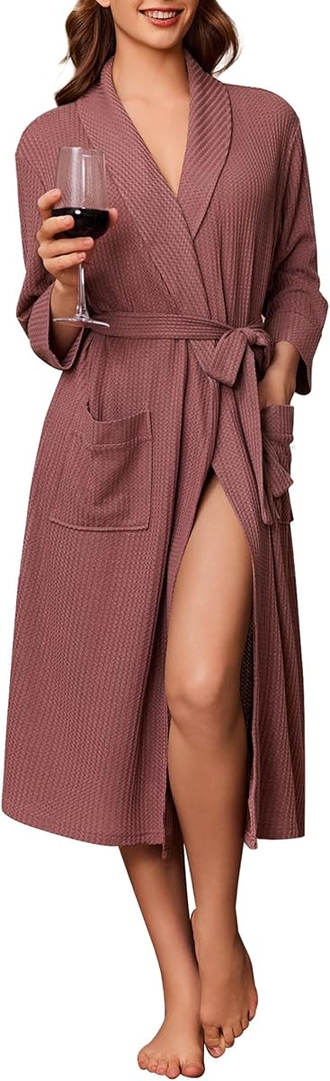 Ekouaer Robes for Women Long Waffle Knit Bathrobe Shawl Collar House Coats | 3/4 Sleeves, Mid-calf Length, Lightweight, Soft, Casual, Comfy, Removable Belt, SPA Kimono Nightgown with Pockets, Loungewear